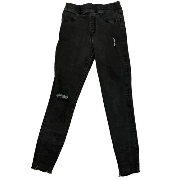 Spanx Jeans Black Denim Skinny Stretch Distressed Raw Hem Pull On Size Medium M - Picture 1 of 7